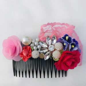 Pink And Red Rose With Stones Hair Comb