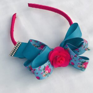 Pink Rose with Blue floral Bow Hairband