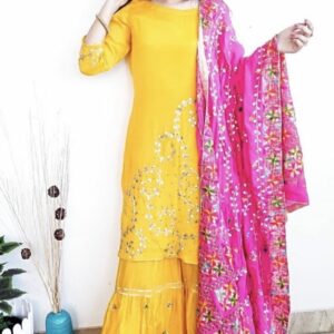 Yellow Phulkari Sharara Suit