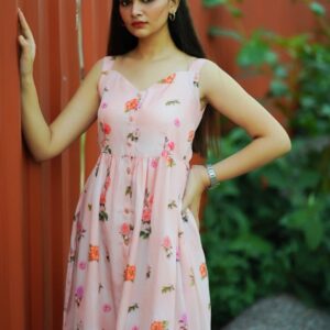 Peach Floral Print Flared Strappy Dress