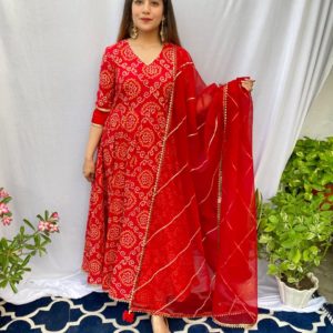 Red Bandhani Anarkali Pant Suit